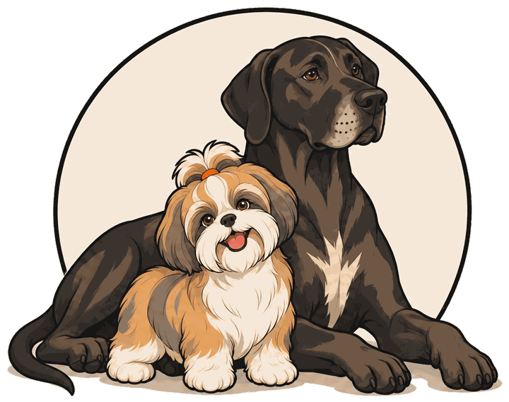Lucky, a brindle Great Dane mix, lying beside Sushi, a Shih Tzu with an orange topknot, inside a thin circle
